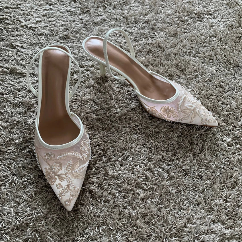 Embroidered Mesh Slingback Pumps