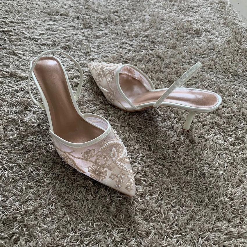 Embroidered Mesh Slingback Pumps