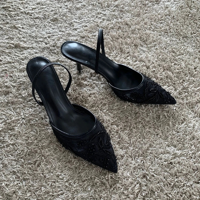 Embroidered Mesh Slingback Pumps