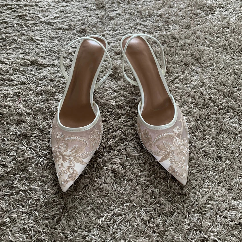 Embroidered Mesh Slingback Pumps